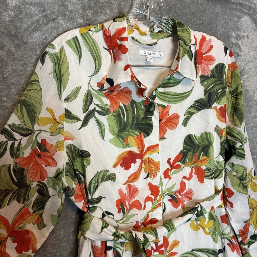 Chicos 1 Womens Silk Blend Orchid Tropical Print Shirt Dress 8 Botanical Resort